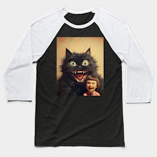 Vintage Little Girl and Creepy Cat - Enchanting Retro Art Baseball T-Shirt